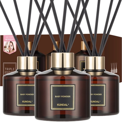 쿤달 퍼퓸 디퓨저 200ml 3개 + 섬유스틱 15개 세트, 베이비파우더향 홈인테리어