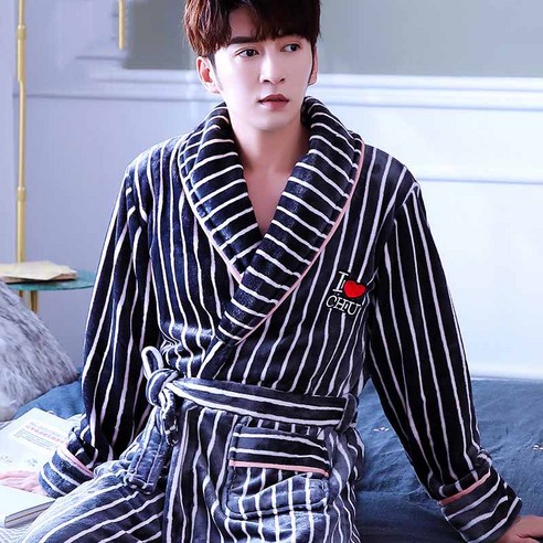 [SW] 남성 긴 목욕 가운 산호 양털 잠옷, navystripemen, M 155-160cm