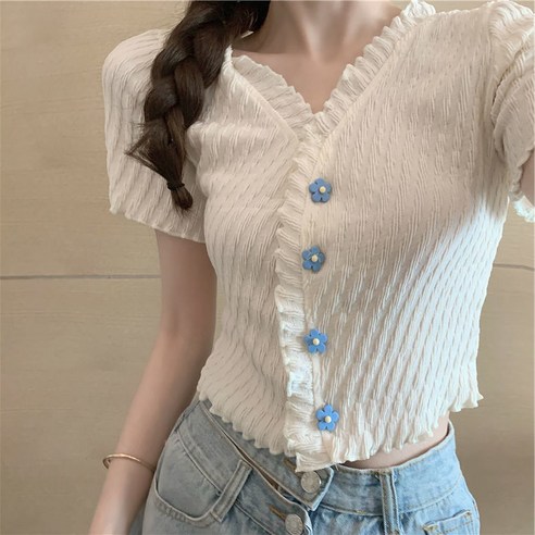 Sorfil 슬림한 감 반팔 스웨터 얇은 플라워 브이넥 상의 카디건