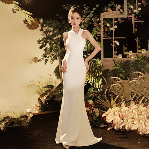 [웨딩나우ㅣ강추] 호리상점 홀터넥 새틴 드레스 실크 웨딩드레스 화이트 셀프웨딩 원피스 [WeddingNOWㅣ추천]