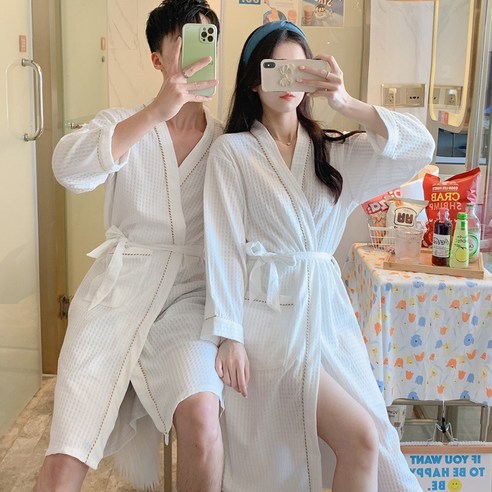 DFMEI 목욕 가운 여성용 긴 얇은 봄과 여름 유카타 순면 보푸라기없는 흡수 속건 면 커플 고급 잠옷 여성, DFMEI 하얀색, 엘