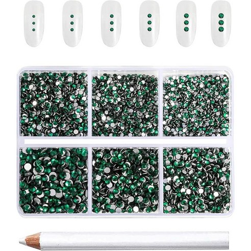 Beadsland(비즈랜드) 네일 아트 공예용 7200PCS 플랫백 라인석 세트 왁스 펜슬 1개 혼합된 6가지 크기 SS3-SS10, 7200개, 에메랄드