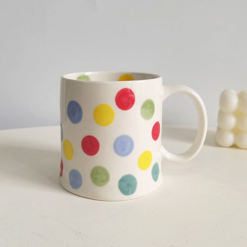 【커피잔】원래 손으로 그린 세라믹 머그잔 크리 에이 티브 노란색 꽃 우유 컵 사무실 대용량 커피 컵, 폴카 도트 컵