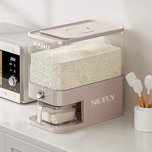 NIUFLY 원터치 밀폐 쌀통 계량 쌀보관함 방충 방습 쌀독 잡곡통 10kg 5kg, 카키, 3개
