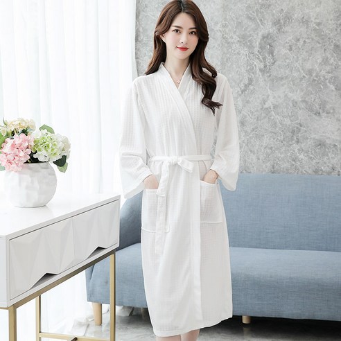 DFMEI-Y 커플 잠옷 남자 봄과 가을 얇은 목욕 가운 여성 호텔 아침 가운 중간 길이 대형 와플 흡수성 잠옷, {"패션의류/잡화 사이즈":"3XL 140-200 진"}, DFMEI 백설