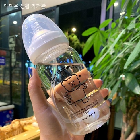 한국어 스타일 귀여운 컵 졸업 짚 성인 크리 에이 티브 유리 컵 여학생 젖꼭지 컵 휴대용 컵, 330ml블랙곰스케일240_단일병+밀짚중력볼+슬립슬리브