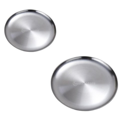 2x 라운드 플래터 서빙 플래터 14x10x1.2 Cm 스테인레스 스틸 접시 트레이, 실버