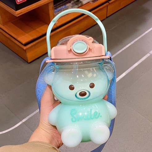 【휴대용 물병】만화 물컵 남녀 대용량 플라스틱 컵 빨대 컵 고안료 휴대용 귀여운 마음 주전자, 색깔5_컵+컵브러시+빨대브러시
