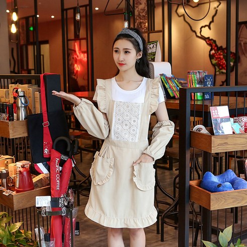 DFMEI 패션 앞치마 주방 요리 홑겹 가정용 허리싸개 여성 카페 홑겹앞치마, 도트 금장 베이지+라글란