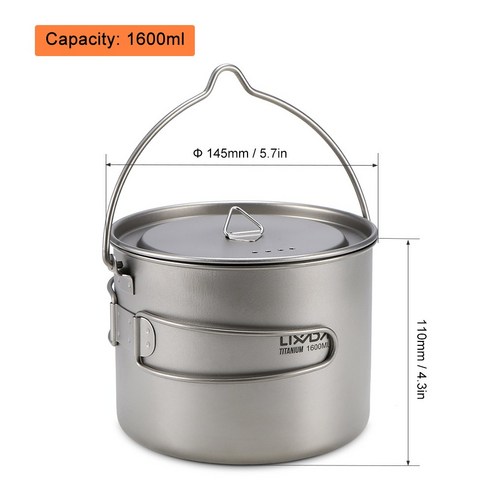 LIXADA 900/1600ML 티타늄 주전자 컵 초경량 휴대용 걸이 뚜껑 접이식 손잡이 야외 캠핑 하이킹 식기, 1600ml Pot|체코
