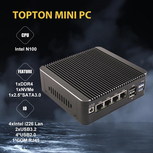 팬리스 미니 PC 방화벽 컴퓨터 12세대 인텔 N100 2.5G 소프트 라우터 4포트 i226-V LAN 1개 COM RJ45 C타입 pfSense PVE ESXi, Intel N100, AU, 4GB DDR4 128GB NVMe [01] [02] 
데스크탑