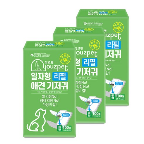 유즈펫 리필 일자형 강아지 속기저귀, 중형, 100개입, 3개 펫티켓 산책용품 유즈펫 리필 일자형 강아지 속기저귀, 중형, 100개입, 3개 펫티켓 산책용품