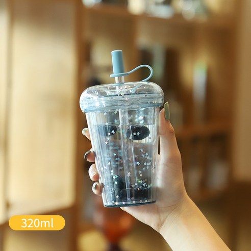 이중 단열 플라스틱 컵 휴대용 누출 방지 운동 물컵 사탕색 도넛 빨대 컵, 남색, 520ML