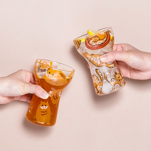 예쁜 맥주잔 홈카페유리컵 예쁜 유리컵 집들이 선물 400ml X 4color, 나른한 고양이