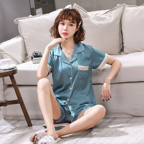 러빙리 커플잠옷 샤론 민트 반팔 반바지 홈웨어 실크 파자마세트