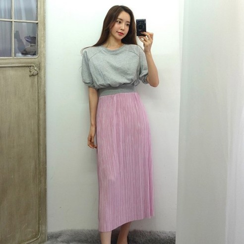 이힝 꾸안꾸 플리츠 주름 스커트 밴딩 반팔 롱원피스