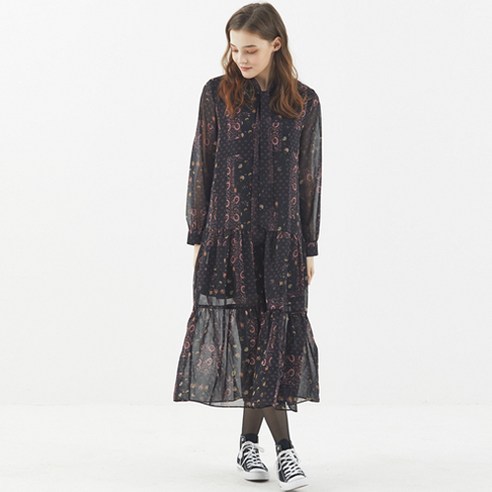 GEOMETRY PATTERN CHIFFON DRESS BLACK