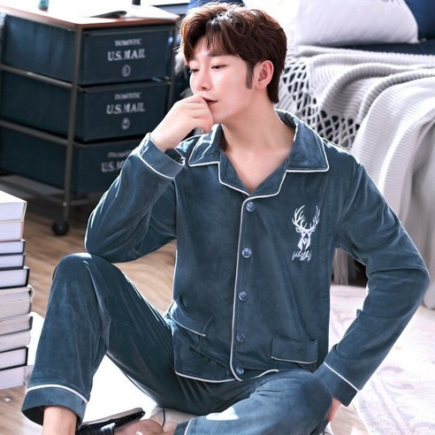 YANG Haidao 양털 잠옷 남성 겨울 산호 양털 플란넬 얇은 청소년 카디건 두꺼운 패션 정장 홈