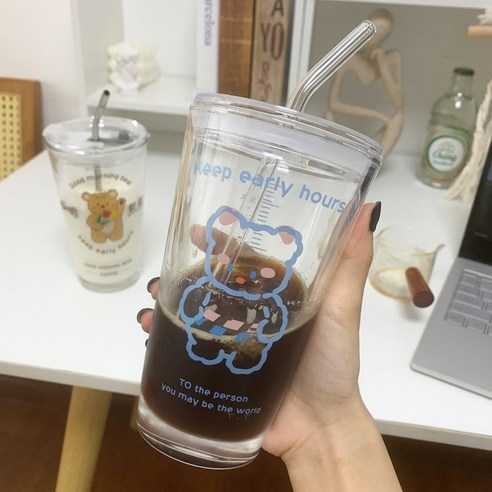 DFMEI 뚜껑이있는 곰 규모 밀짚 컵 가정용 우유 차 커피 컵 여성 주스 음료 컵 식수 컵, DFMEI 블루 베어 [뚜껑 + 유리 짚]