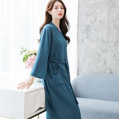 DFMEI-Y 커플 잠옷 남자 봄과 가을 얇은 목욕 가운 여성 호텔 아침 가운 중간 길이 대형 와플 흡수성 잠옷, M 70-140kg, DFMEI 짙은 녹색 여성