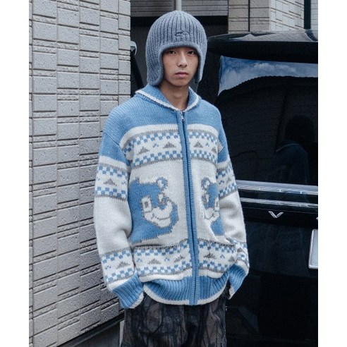 LMC BEAR ZIP-UP COWICHAN KNIT SWEATER ash blue