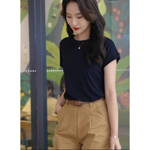 편안하고 스타일리시하며 내구성 뛰어난 요이비 여성 무지 라운드 기본 반팔티
