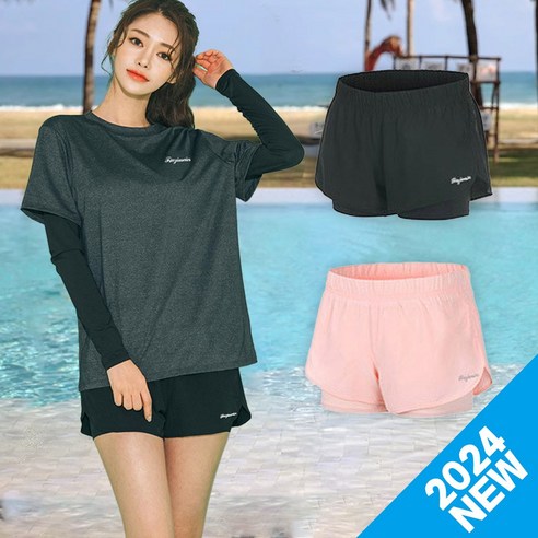 르디아망 여자 래쉬가드 팬츠 투인원 비치웨어 워터 스윔 보드숏 밴딩 스판 숏 반바지 하의, 블랙