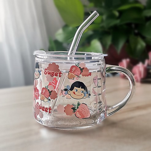 유리컵 빨대 우유 아침컵 귀엽다 만화 눈금 컵 덮개 숟가락 선물 글씨, 301-400ml, 380ml 딸기녀+ps캡+유리빨대