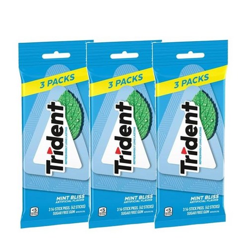 Trident 트라이덴트 민트 블리스 무설탕 껌 14스틱 3입 x3팩 (126회분), 3개 트라이던트껌