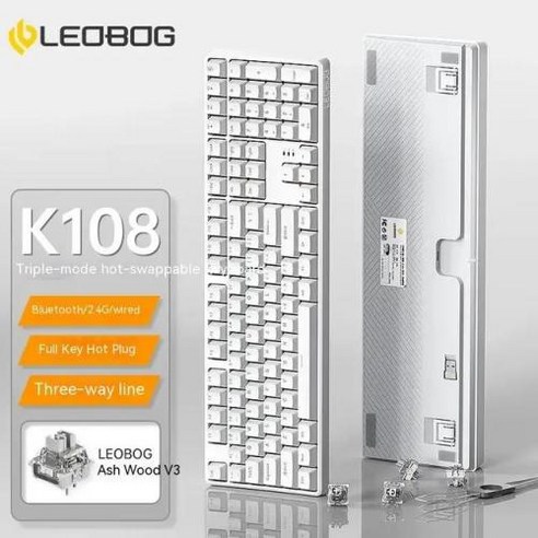 기계식 키보드 호환 LEOBOG K108 무선 108 키 다이내믹 RGB 3 가지 모드 핫 스왑 게이밍 PC 게이머 액세서리 맥 선물, Ash Wood Switch V3, 없음, White, 없음