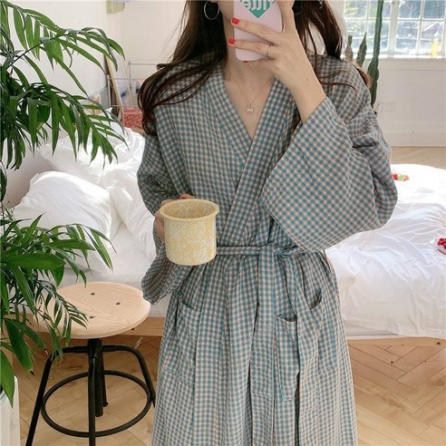 ZZJJC 체크 가운 롱 홈웨어녀, 푸른 색, 프리사이즈