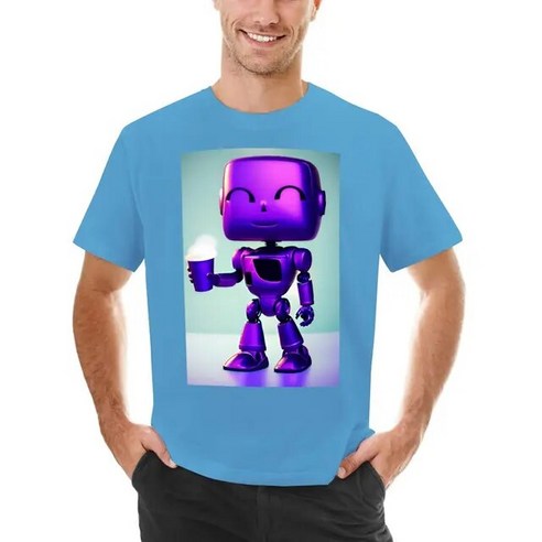 로봇 바리스타 커피머신 커피로봇작은 로봇과 함께하는 커피 타임 티셔츠 미적인 의류 반팔 티셔츠 챔, 04 Medium blue_02 M