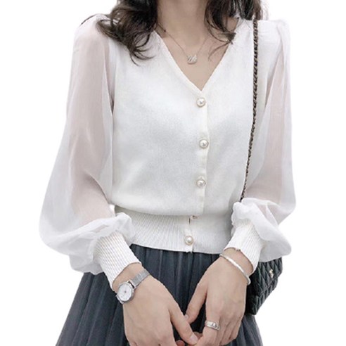 러블로어 진주단추 시스루소매 긴팔가디건