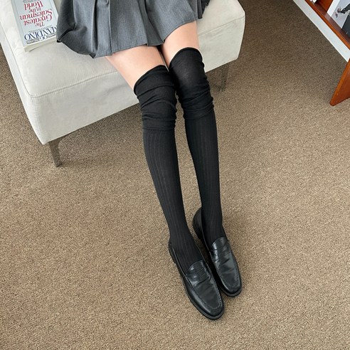 아일리브 오버 니삭스 롱 여성 레이스 패치 하이 니삭스 양말 3개, 포근한 블랙