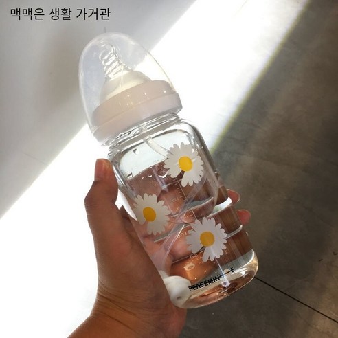 한국어 스타일 귀여운 컵 졸업 짚 성인 크리 에이 티브 유리 컵 여학생 젖꼭지 컵 휴대용 컵, 330ml세꽃스케일240_단일병+밀짚중력볼+예비젖꼭지