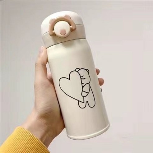 Ins high-value water cup 여성용 보온병 컵 304 스테인레스 스틸 낙하 방지 컵의 한국어 버전, 큐트 케어 베어 허그 - 350ml, {"패션의류/잡화 사이즈":"인슐레이션 컵 + 클리닝 컵 브러쉬"}