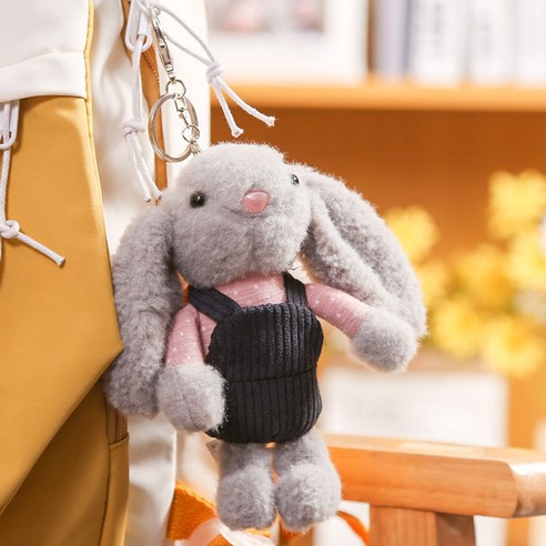 귀여운 멜빵바지 토끼인형 키링 가방 장식 키홀더, 회색, 1개