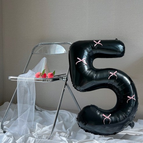 숫자풍선 생일풍선 대형 리본 생일파티용품 이벤트, 5, 블랙(+핑크리본)