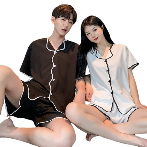 ANKRIC 리본 커플 잠옷 여 여름 얇은 얼음사 반팔 여름 한국판 남성 홈웨어 세트