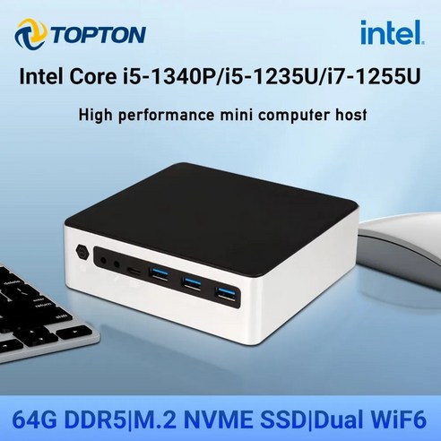 Topton 미니 게임용 PC 휴대용 컴퓨터 i5 1340P i7 1255U 2xDDR5 NVMe SSD 윈도우 11 프로 NUC 포켓 3x4K HTPC WiFi6, 20.8GB DDR5 256GB NVMe i31215