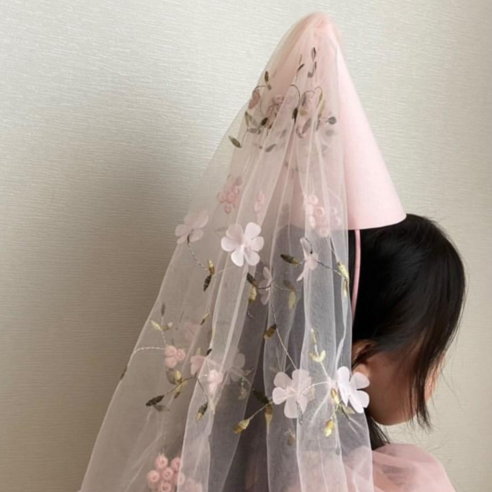 라라빈파티 생일 머리띠 축하 파티 꽃 베일 꼬깔 모자 면사포고깔 인생네컷 용품, 꽃베일 꼬깔-핑크