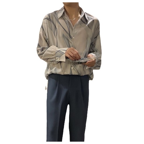 ANKRIC 파란색과 흰색 잉크 패턴 셔츠 남성 긴 소매 패션 잘 생긴 가을 남성 코트 회색 느슨한 프린트 셔츠 셔츠