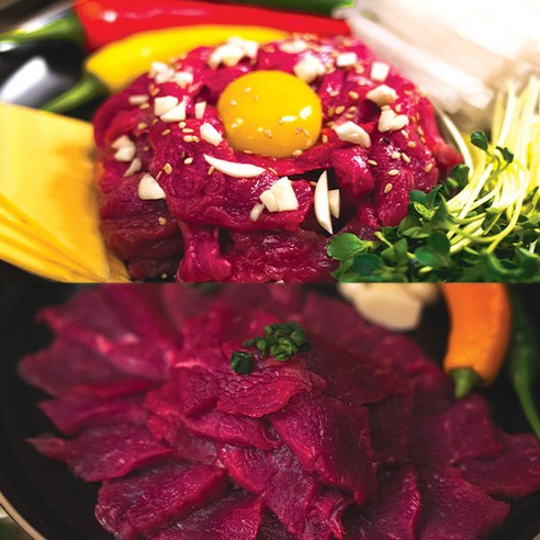 오늘 저녁, 특별한 나를 위한 선물: 신선함이 살아있는 육회 & 육사시미 반반 세트 육사시미