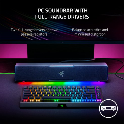 Razer Leviathan V2 X는 PC 사운드바로서 USB Type C와 Bluetooth를 지원하며, 다양한 RGB 조명을 제공합니다.
