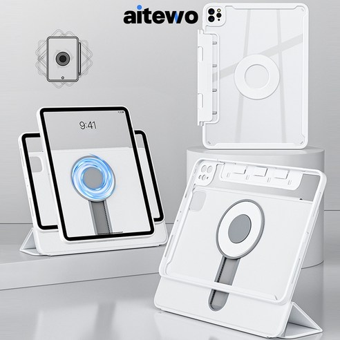 AITEWO 아이패드 마그네틱 케이스 높이조절 펜슬수납 360도회전 프로 1/2/3/4/5/6/7 세대 에어4/5/6/7 10.9인치 11인치 12.9인치 13인치 M2 M3 M4, 화이트, 1개