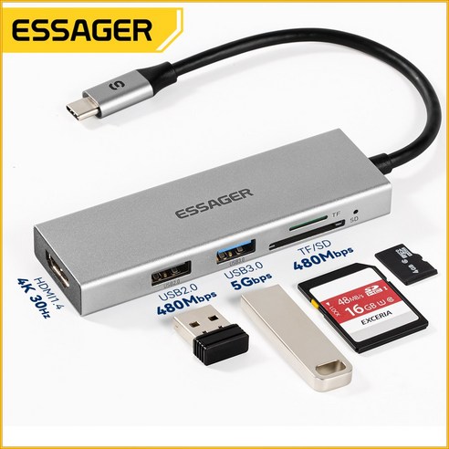 Essager C타입 5포트 멀티포트 허브 HDMI 4K SD/TF 리더용, 그레이