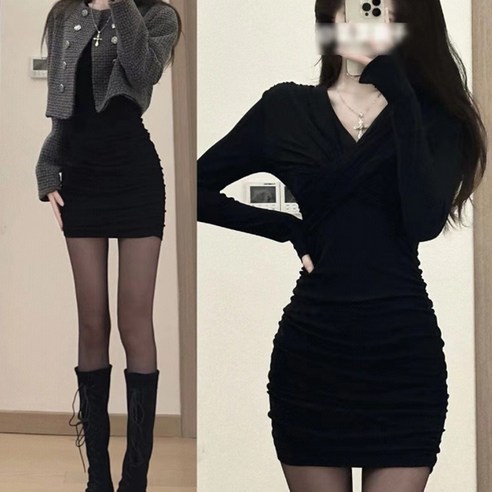 [Bahn] 요나 브이넥 슬림핏 섹시 긴팔 미니원피스