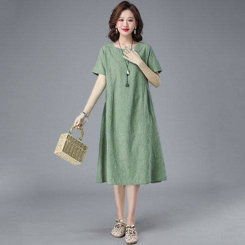 POMTOR 여성 라운드넥 자카드 반팔 린넨 롱 원피스 40대여름원피스 POMTOR 여성 라운드넥 자카드 반팔 린넨 롱 원피스 40대여름원피스