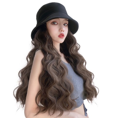 하이유니 물결 펌 롱 헤어 버킷 햇 모자가발 가발 55cm, 브라운블랙 / 55cm, 1개