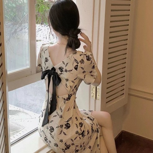 ANYOU 여성 여름 원피스 프렌치 플라워 원피스 반팔 롱 스커트 안쪽 지퍼
